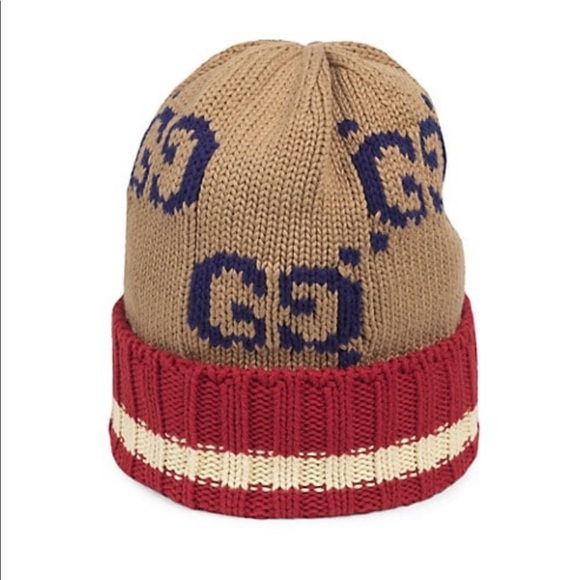 Gucci GG Monogram Dark Beige Red Cotton Beenie - Picture 3 of 12